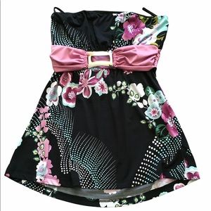 Medium Strapless Charlotte Russe Black & Pink Floral Top EUC